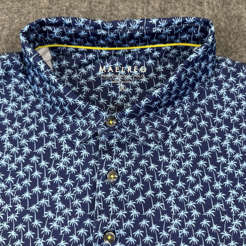 MAELREG Men's Performance Golf Polo Shirt – Navy Blue Palm Tree Print – Size 2XL